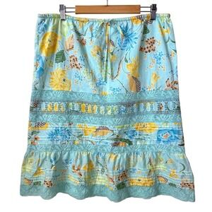 Vtg Y2K BR Skirt Women 14 Blue Floral Lace Trim Cotton Linen Boho Summer Romance